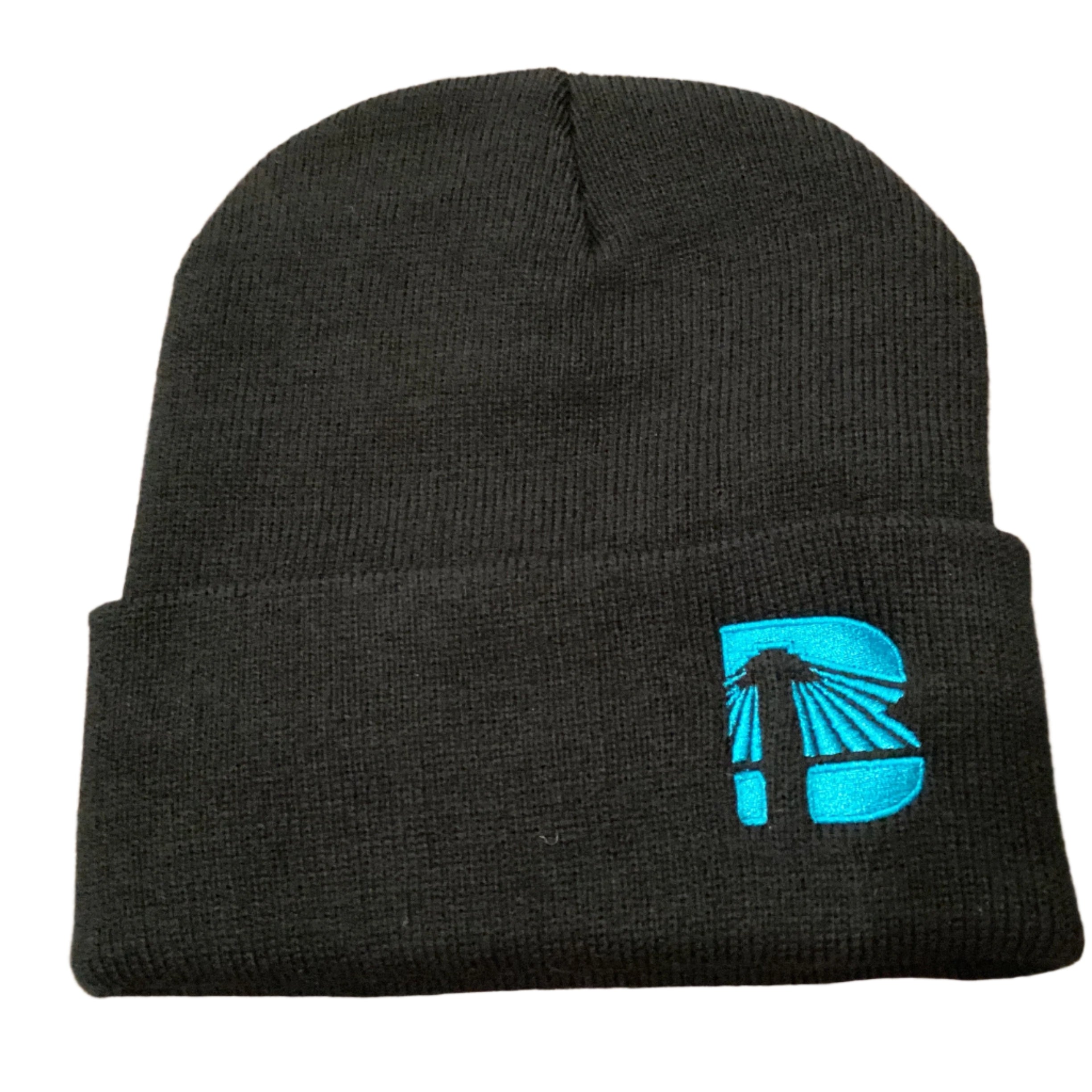 A black beanie hat with a blue 'B' icon logo on the cuff.