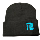 A black beanie hat with a blue 'B' icon logo on the cuff.