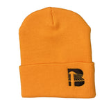A yellow beanie hat with a white 'B' icon logo on the cuff.