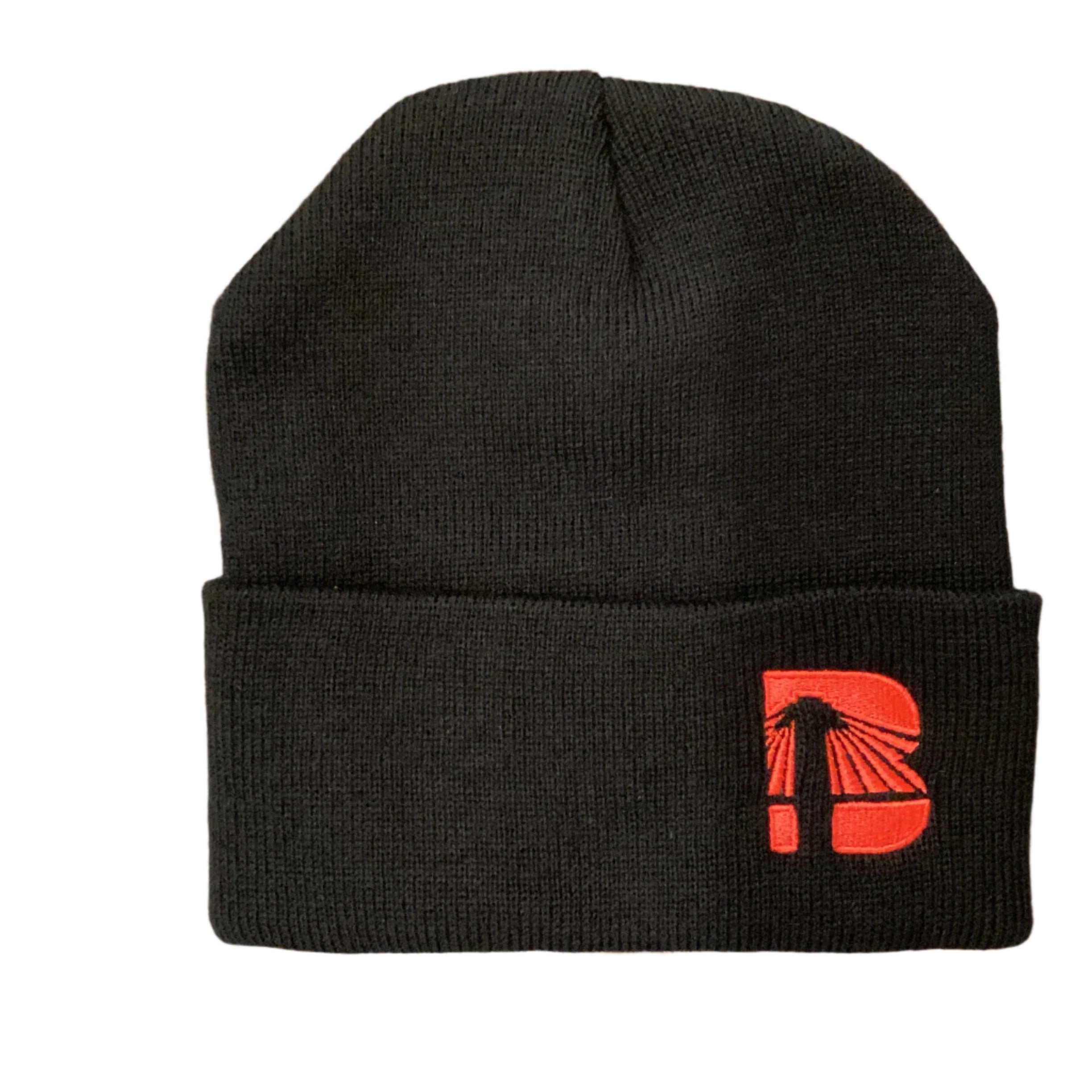 A black beanie hat with a white 'B' icon logo on the cuff.