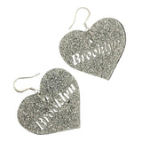 Heart-shaped earrings with 'Brooklyn' text on silver sparkly material