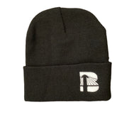 A black beanie hat with a white B logo on the fold.