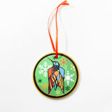 CAM Craig Anthony Miller Artist Ceramic Decorative Christmas ornament with a colorful bird design on a white background