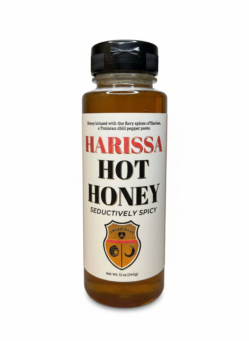 Bottle of Harissa Hot Honey with a wooden honey dipper on a wooden surface.