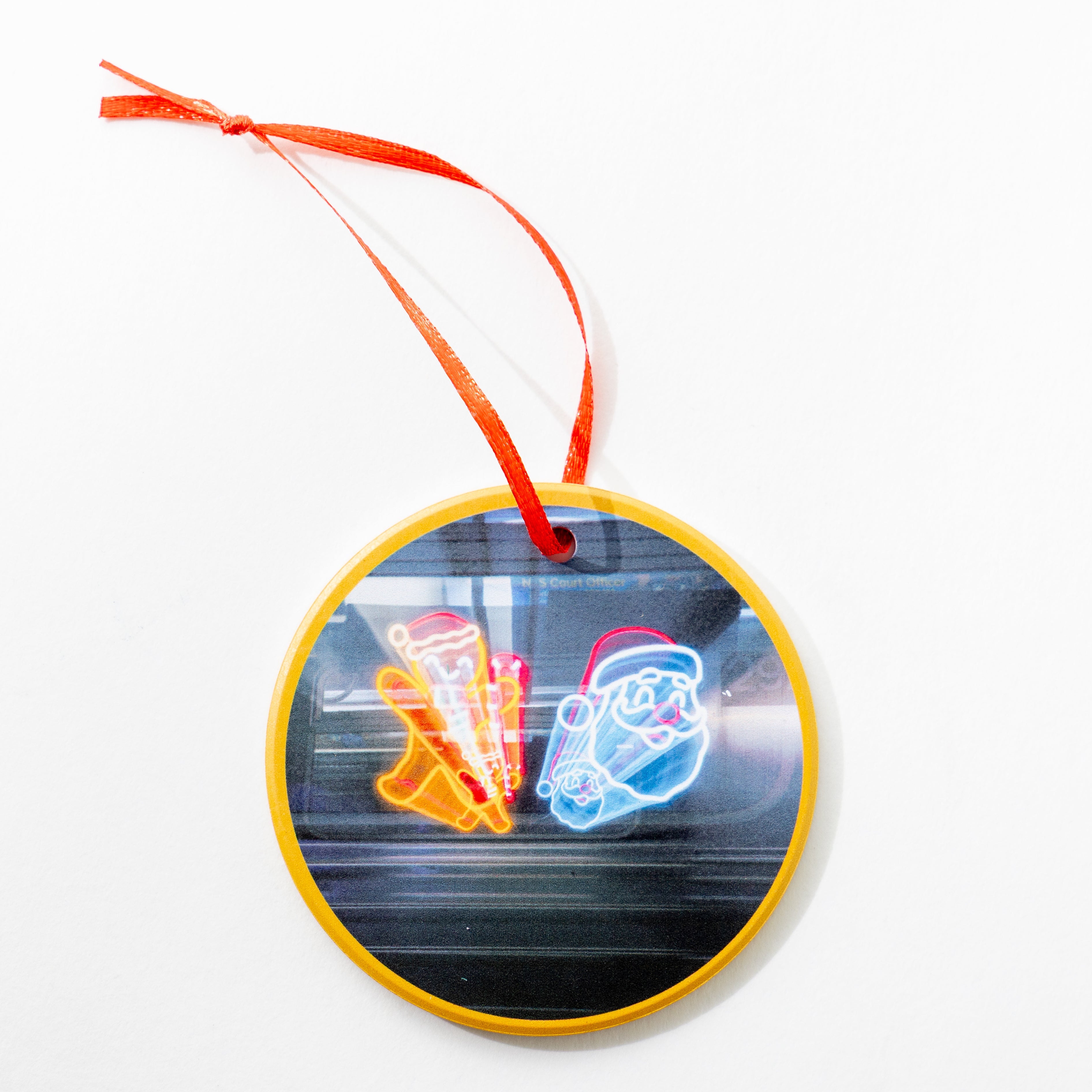 Tyler Jordan Artist Ceramic Ornament subway car with neon santa and gingerbread lights