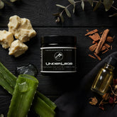 Product display with 'Underlegs' branding on a dark surface with natural elements.