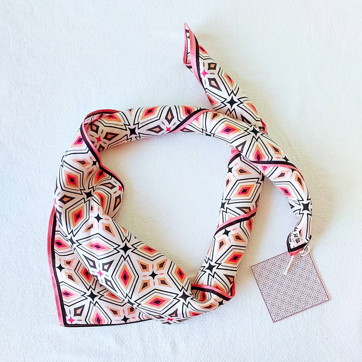 Geometric Meskel Ethiopian Pattern Silk Scarf - Black & Pink