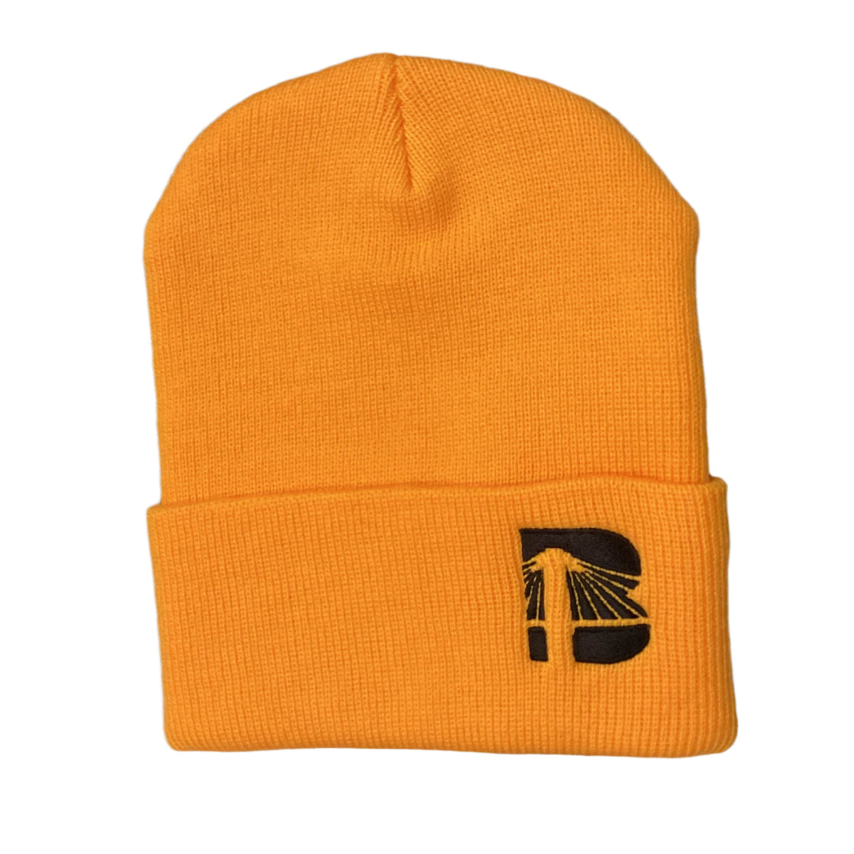 A yellow beanie hat with a white 'B' icon logo on the cuff.