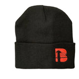 A black beanie hat with a white 'B' icon logo on the cuff.