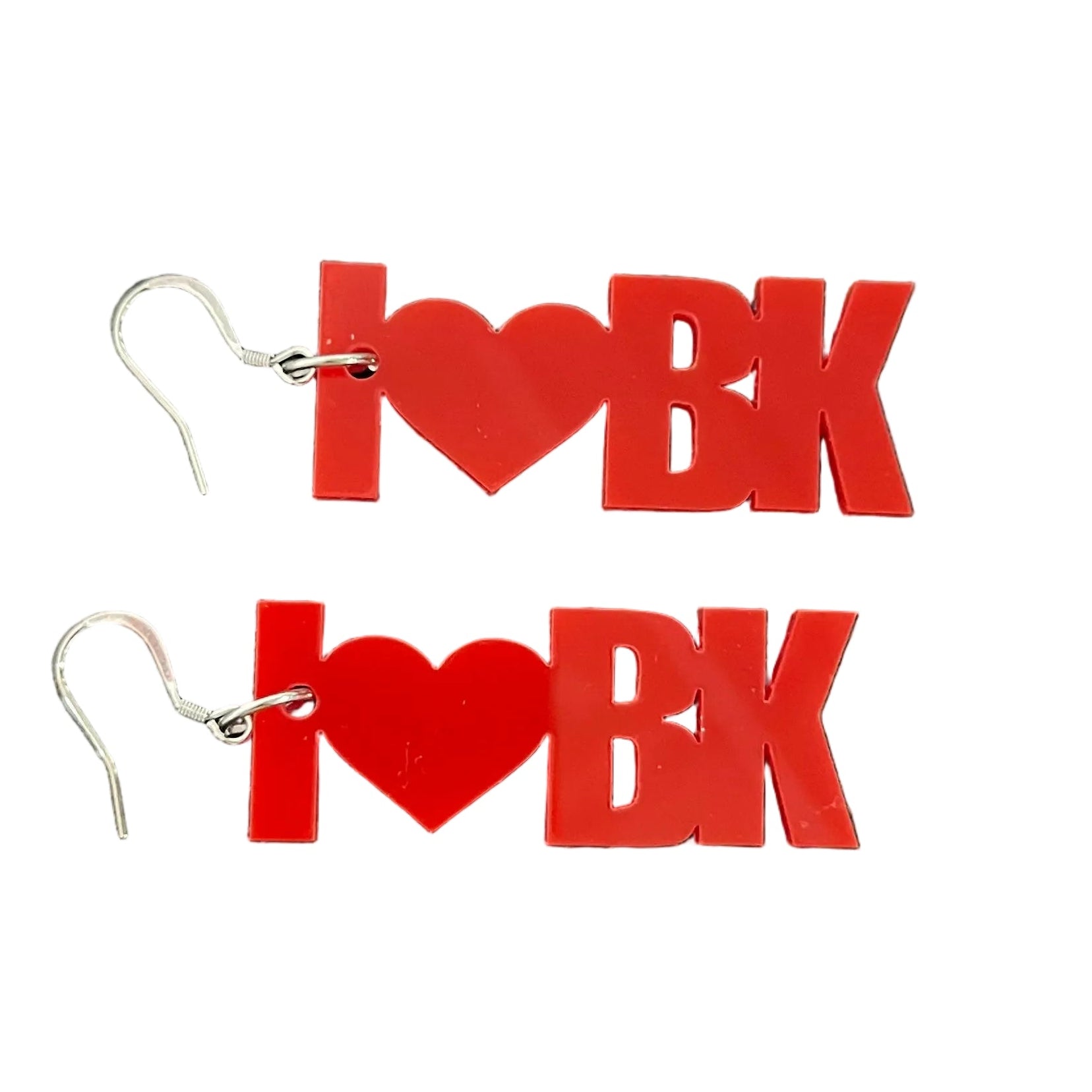 Red earrings with 'I Heart BK' design