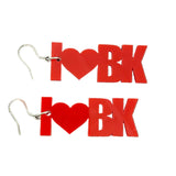 Red earrings with 'I Heart BK' design