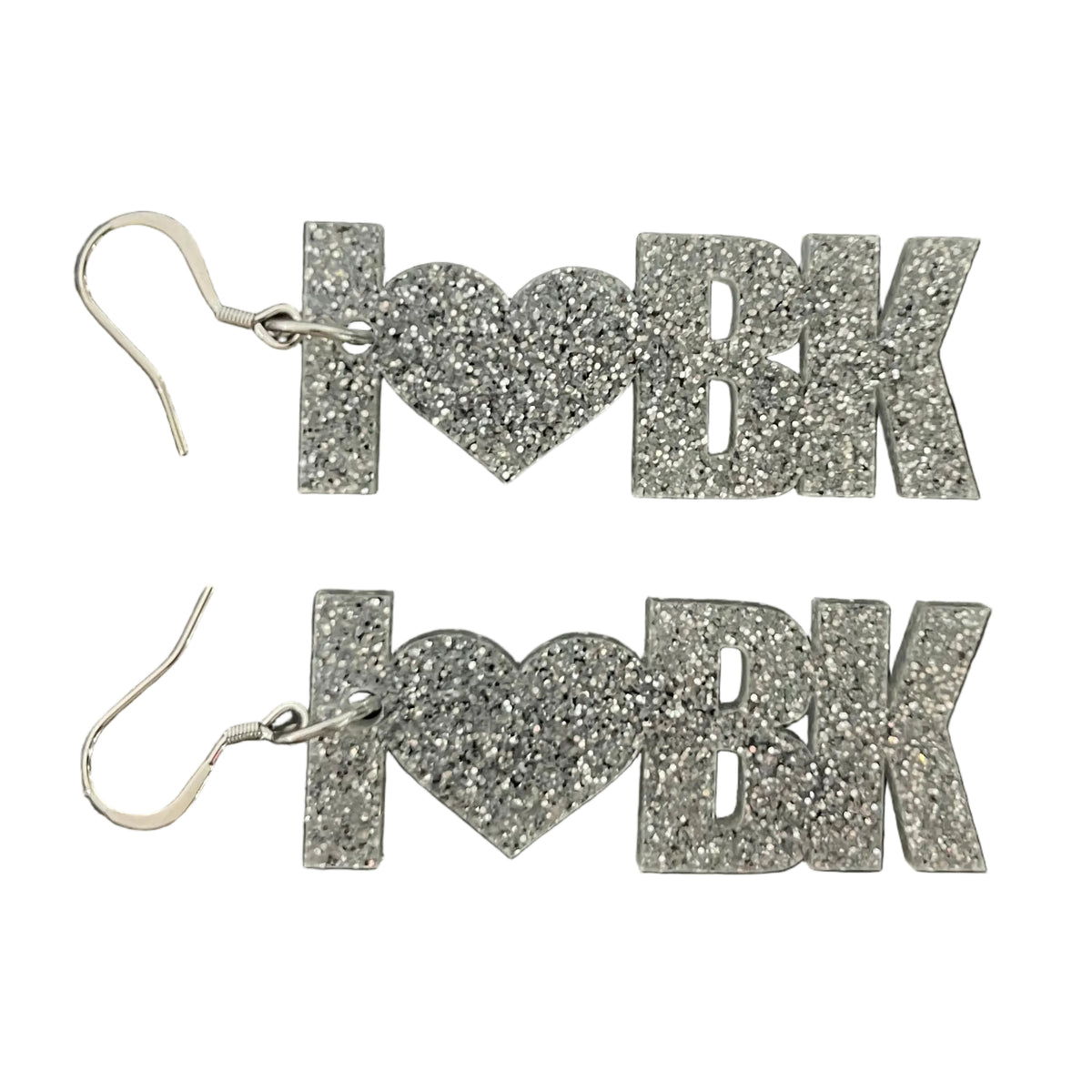 Silver glittery 'I ❤️ BK' earrings on a white background