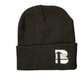 A black beanie hat with a white B logo on the fold.