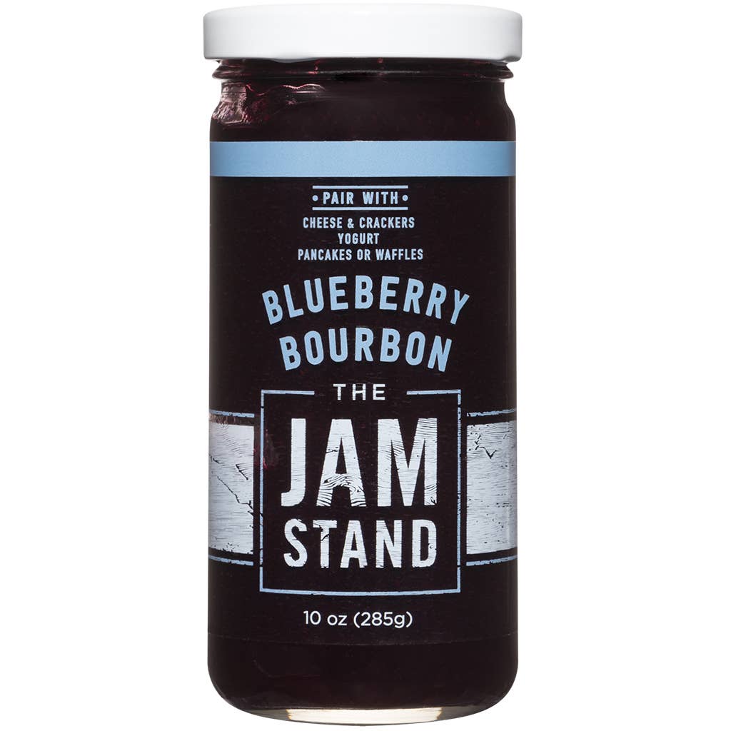 Jar of Blueberry Bourbon Jam from The Jam Stand on a white background