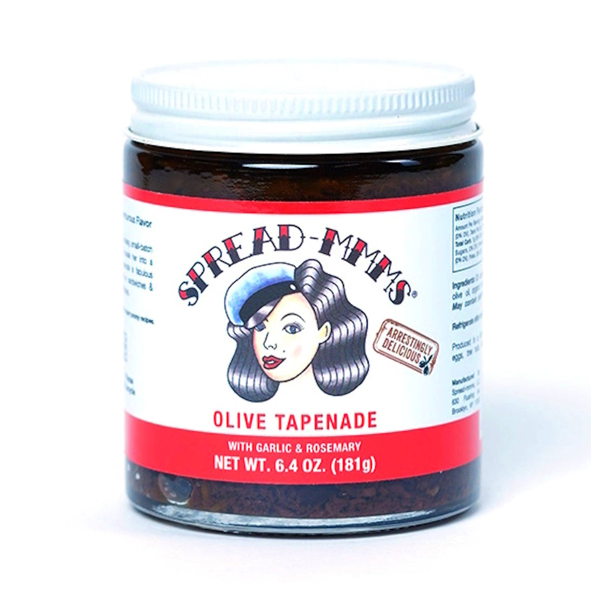 Jar of Spread-Me-Olive Tapenade with garlic and rosemary on a white background