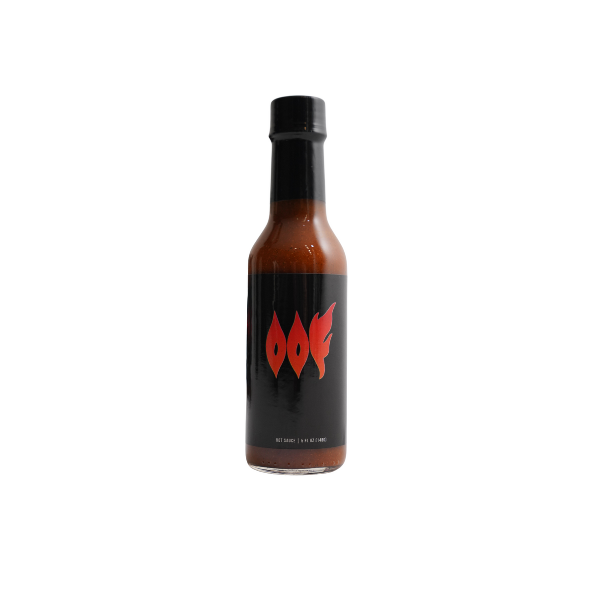 Hot sauce bottle with a black label featuring red text on a white background