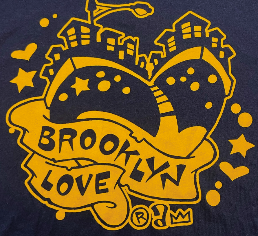 Yellow 'Brooklyn Love' design on a dark blue background