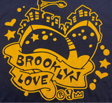 Yellow 'Brooklyn Love' design on a dark blue background