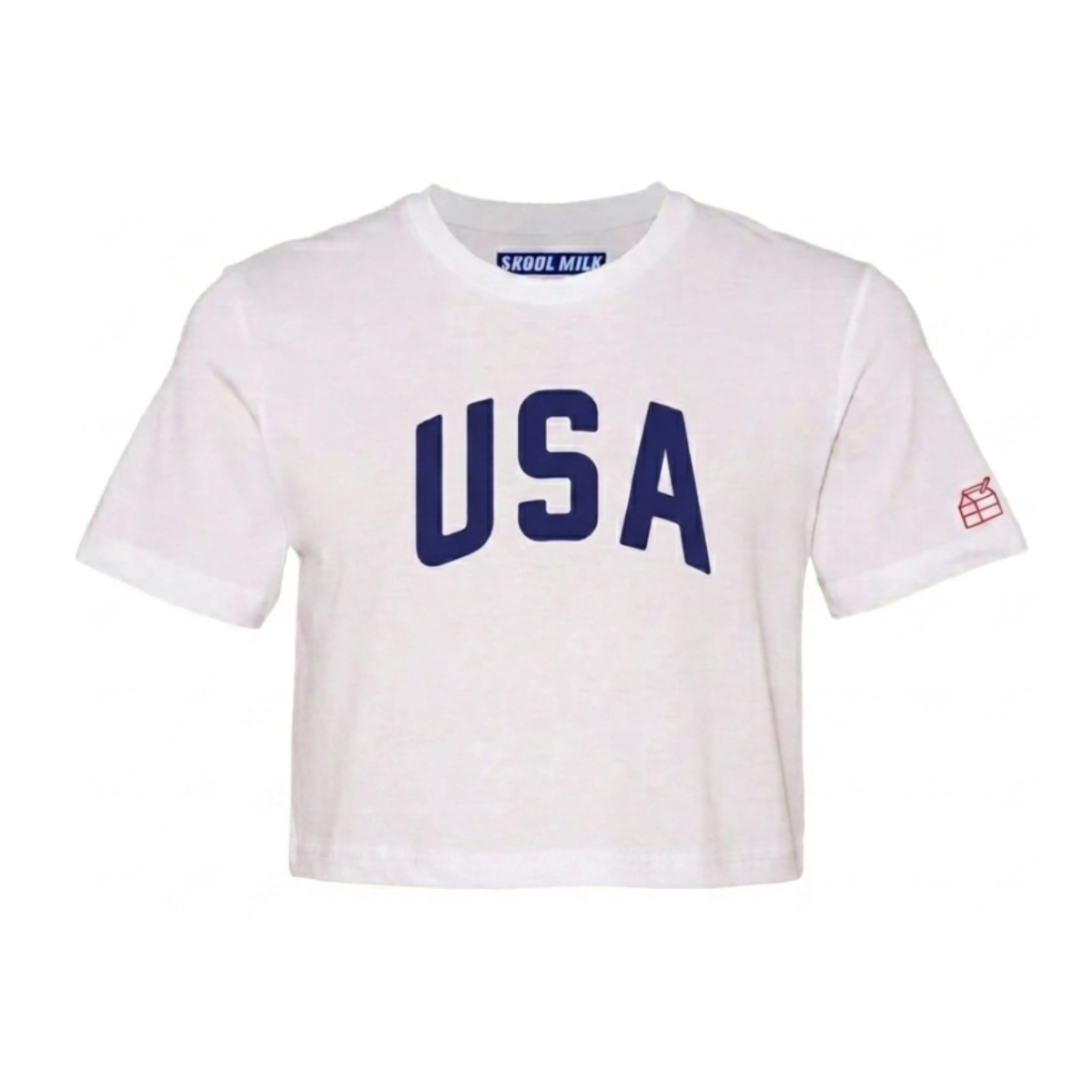 Cropped USA White T-Shirt with Navy Blue Letters