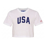 Cropped USA White T-Shirt with Navy Blue Letters