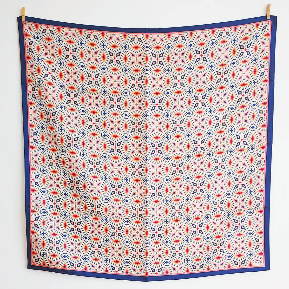 Geometric Meskel Ethiopian Pattern Silk Scarf - Coral & Navy